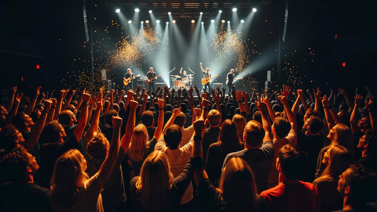 Foule enthousiaste lors d'un concert live avec des lumières ambrées et une ambiance électrique, vue depuis le public, capturant l'énergie et l'émotion du live